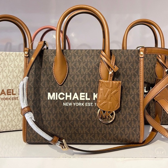Michael Kors Mirella Small Shopper Top Zip Crossbody Bag Brown Logo MK - Picture 2 of 16